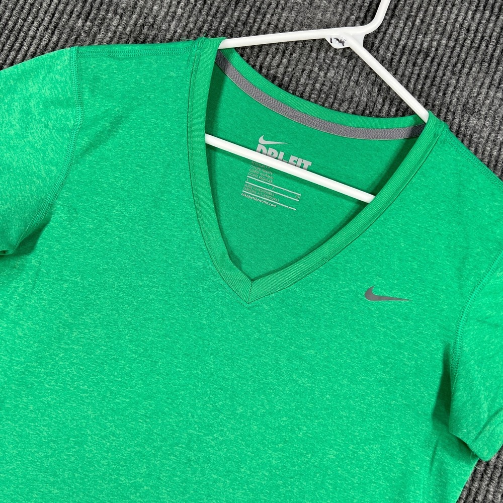 Nike Dri Fit Shirt Womens Small Green Short Sleeve V Neck Regular Fit Workout